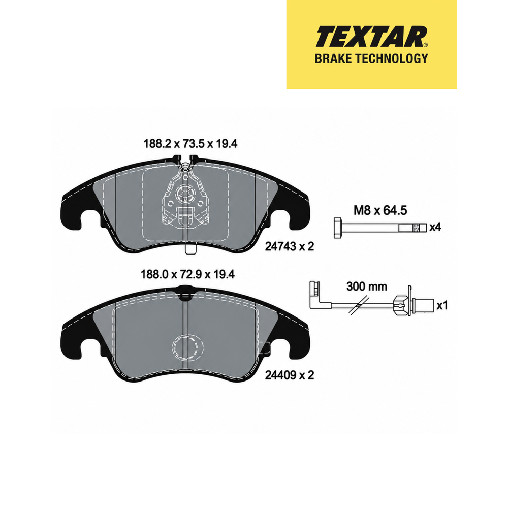 Textar Germany Front Brake Pads Set of 4 for Audi A6 C7 (4G) – Textar 2474301 – OEM 4GD698151 / 8K0698151 / 8K0698151D / 8K0698151E
