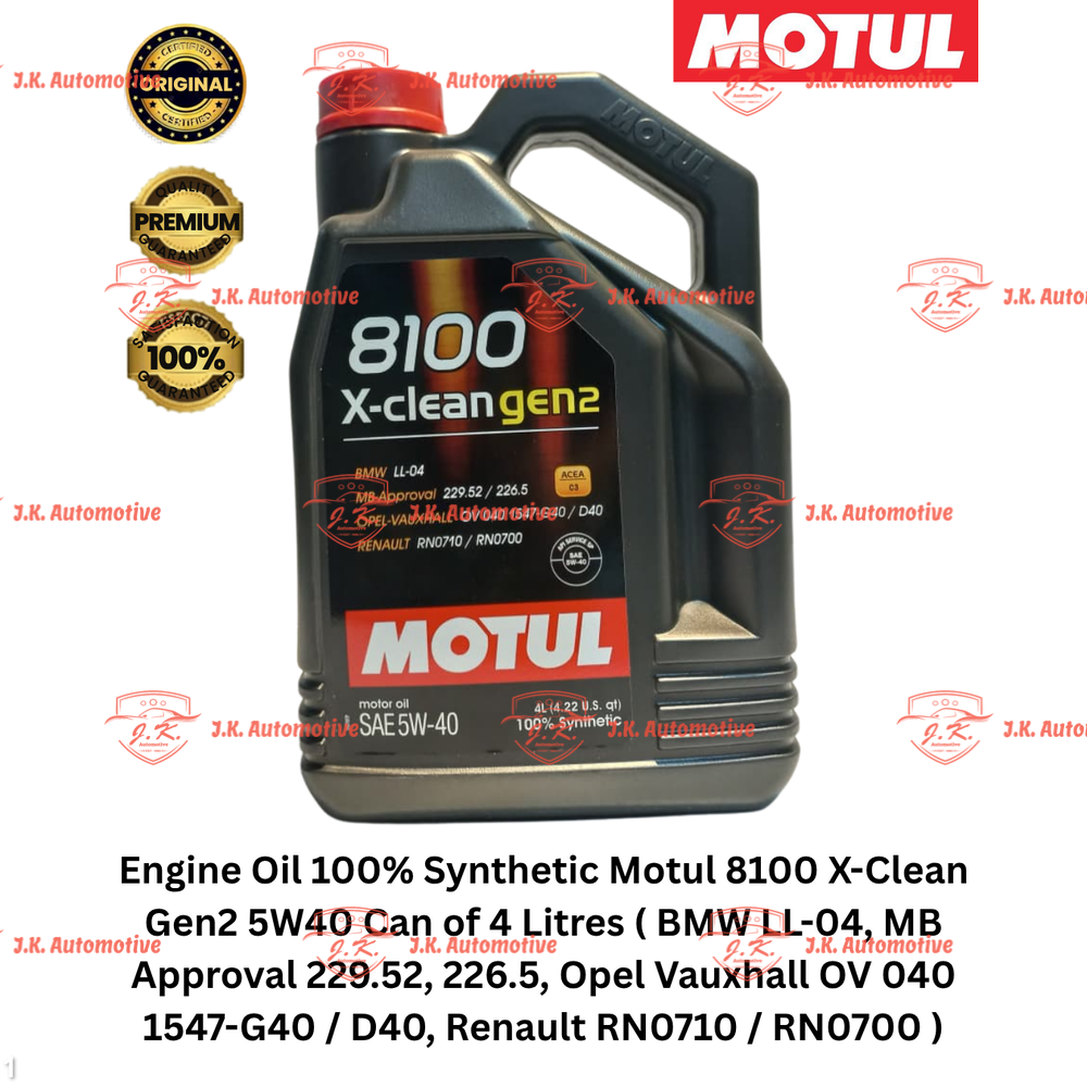Engine Oil 100% Synthetic Motul 8100 X-Clean Gen2 5W40 Can of 4 Litres ( BMW LL-04, MB Approval 229.52, 226.5, Opel Vauxhall OV 040 1547-G40 / D40, Renault RN0710 / RN0700 )
