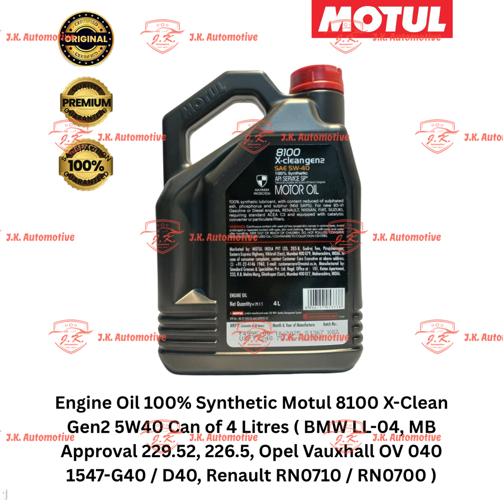 Engine Oil 100% Synthetic Motul 8100 X-Clean Gen2 5W40 Can of 4 Litres ( BMW LL-04, MB Approval 229.52, 226.5, Opel Vauxhall OV 040 1547-G40 / D40, Renault RN0710 / RN0700 ) - Image 2